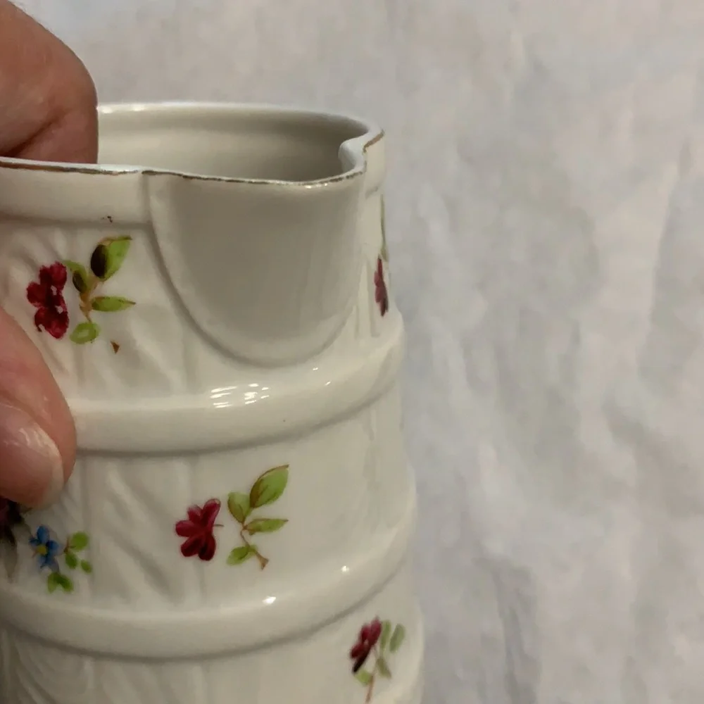 Bone China with faux bois handle with floral barrel creamer pitcher